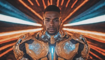 solo,looking at viewer,smile,short hair,black hair,1boy,brown eyes,closed mouth,upper body,male focus,dark skin,armor,black eyes,facial hair,dark-skinned male,portrait,science fiction,realistic,very short hair,animification,straight-on,very dark skin,dreadlocks,glowing,shoulder armor,beard