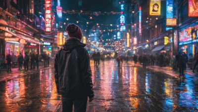 long sleeves, 1boy, hat, standing, jacket, male focus, outdoors, sky, solo focus, pants, water, from behind, blurry, black jacket, night, building, night sky, scenery, reflection, city, beanie, road, cityscape, street, city lights, neon lights