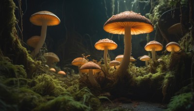 outdoors,blurry,tree,no humans,night,depth of field,grass,plant,nature,scenery,forest,dark,mushroom,moss,day,sunlight,vines,green theme