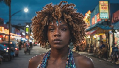 1girl,solo,looking at viewer,brown hair,dress,bare shoulders,brown eyes,jewelry,collarbone,upper body,earrings,outdoors,parted lips,sky,solo focus,dark skin,blurry,dark-skinned female,lips,night,depth of field,blurry background,watermark,moon,ground vehicle,motor vehicle,freckles,curly hair,realistic,nose,car,road,street,very dark skin,afro,short hair,black hair,hair ornament,mole,makeup,blue dress,halterneck,looking up,lipstick,portrait,night sky,mole under mouth,full moon,forehead jewel,crowd