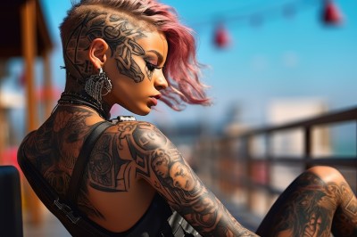 1girl,solo,short hair,bare shoulders,jewelry,sitting,pink hair,red hair,multicolored hair,earrings,outdoors,choker,day,from behind,blurry,from side,lips,tattoo,profile,makeup,depth of field,blurry background,asymmetrical hair,nose,arm tattoo,shoulder tattoo,undercut,facial tattoo,mohawk,neck tattoo,back tattoo,dark skin,piercing,tank top,ear piercing,eyeshadow,very short hair,full-body tattoo