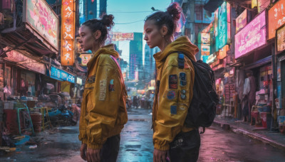 1girl, multiple girls, black hair, hair ornament, long sleeves, 2girls, jewelry, jacket, earrings, outdoors, pants, hood, bag, hair bun, single hair bun, backpack, ground vehicle, building, scenery, motor vehicle, city, sign, realistic, nose, car, road, yellow jacket, street, cyberpunk, neon lights