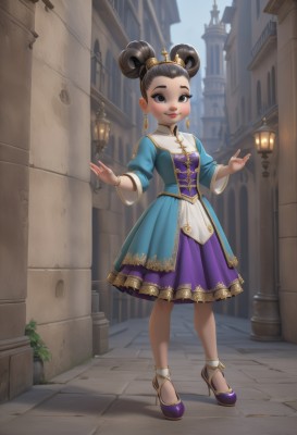 1girl,solo,looking at viewer,blush,smile,open mouth,black hair,long sleeves,dress,brown eyes,jewelry,standing,full body,earrings,outdoors,sky,shoes,day,puffy sleeves,hair bun,black eyes,high heels,lips,double bun,makeup,blue dress,tiara,plant,lipstick,building,child,purple dress,forehead,gold trim,blue footwear,city,red lips,female child,purple footwear,lamppost,breasts,short hair,hair ornament,bracelet,hair rings