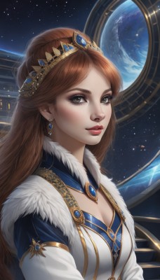 1girl,solo,long hair,breasts,looking at viewer,brown hair,dress,cleavage,brown eyes,jewelry,medium breasts,green eyes,upper body,earrings,parted lips,lips,fur trim,makeup,tiara,crown,lipstick,gem,star (sky),starry sky,freckles,realistic,nose,red lips,space,planet,earth (planet),bangs,long sleeves,artist name,eyelashes