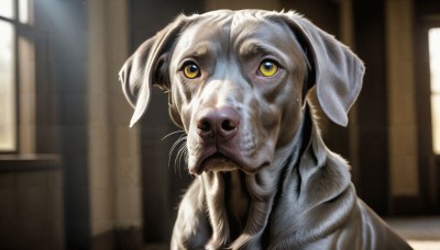 HQ,solo,yellow eyes,indoors,blurry,no humans,window,blurry background,animal,sunlight,looking up,portrait,dog,realistic,animal focus,whiskers,what,looking at viewer,closed mouth