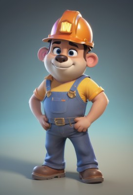 solo,looking at viewer,smile,short hair,blue eyes,simple background,brown hair,shirt,1boy,hat,animal ears,closed mouth,standing,full body,short sleeves,male focus,shoes,belt,pants,gradient,gradient background,brown footwear,thick eyebrows,suspenders,helmet,furry,freckles,hands on hips,yellow shirt,overalls,furry male,yellow headwear,boots,facial hair,denim,buckle,realistic,hands in pockets,orange shirt,bear ears,blue overalls