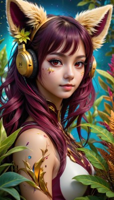 1girl,solo,long hair,breasts,looking at viewer,smile,bangs,hair ornament,red eyes,animal ears,bare shoulders,medium breasts,closed mouth,upper body,purple hair,flower,red hair,outdoors,sleeveless,day,artist name,signature,hair flower,star (symbol),blurry,from side,lips,animal ear fluff,fox ears,eyelashes,makeup,headphones,leaf,watermark,facial mark,plant,lipstick,web address,armlet,eyeshadow,freckles,pink lips,realistic,nose,red lips,eyeliner,whisker markings,mascara,animal ear headphones,brown hair,shirt,dress,parted lips,sky,blue sky,looking to the side,sleeveless shirt,night,sleeveless dress,fake animal ears,star (sky),night sky,light particles,yellow flower,facepaint