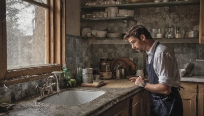 solo,short hair,brown hair,shirt,black hair,1boy,holding,standing,white shirt,short sleeves,male focus,collared shirt,indoors,apron,from side,cup,window,profile,facial hair,bottle,beard,rain,watch,realistic,wristwatch,kitchen,jar,sink,black apron,faucet,smile,scenery,mustache