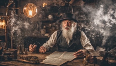 solo,open mouth,shirt,long sleeves,1boy,hat,sitting,white shirt,upper body,white hair,male focus,collared shirt,indoors,blurry,vest,book,black headwear,facial hair,table,beard,smoke,watch,black vest,top hat,paper,open book,realistic,mustache,clock,lamp,old,old man,pocket watch,light bulb,steampunk,looking at viewer,holding,cup,chain,chair,steam,smoking pipe,gears,map