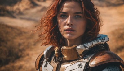 1girl,solo,looking at viewer,short hair,brown hair,brown eyes,upper body,red hair,parted lips,dark skin,medium hair,armor,blurry,dark-skinned female,lips,blurry background,shoulder armor,portrait,freckles,pauldrons,breastplate,realistic,nose,power armor,long hair,outdoors,sky,cloud,floating hair,thick eyebrows,wind,science fiction,dirty,desert