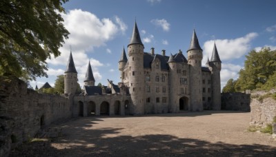 outdoors,sky,day,cloud,tree,blue sky,no humans,shadow,sunlight,cloudy sky,grass,building,scenery,road,shade,wall,dappled sunlight,castle,tower,path,church,signature,fantasy,bush,architecture,arch,gate,stone wall