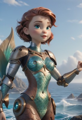 1girl,solo,breasts,looking at viewer,blush,smile,short hair,blue eyes,brown hair,hair ornament,navel,red hair,cowboy shot,small breasts,outdoors,parted lips,sky,day,hairclip,artist name,cloud,hand up,water,armor,blurry,blue sky,lips,bodysuit,covered navel,ocean,beach,monster girl,shoulder armor,skin tight,freckles,pauldrons,rock,scales,mermaid,waves,nose