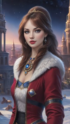 1girl,solo,long hair,breasts,looking at viewer,blue eyes,brown hair,long sleeves,cleavage,jewelry,medium breasts,upper body,earrings,outdoors,parted lips,open clothes,sky,signature,necklace,lips,coat,grey eyes,fur trim,makeup,night,tiara,crown,lipstick,gem,star (sky),night sky,corset,snow,starry sky,red lips,red coat,castle,bangs,jacket,ponytail,solo focus,parted bangs,building,red jacket,pendant,fur collar,realistic