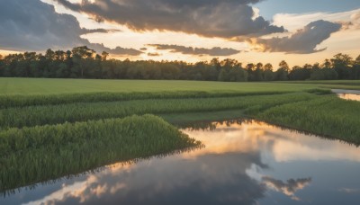 outdoors,sky,day,cloud,water,tree,blue sky,no humans,cloudy sky,grass,nature,scenery,forest,reflection,sunset,field,river,landscape,lake,reflective water,sunlight,sun