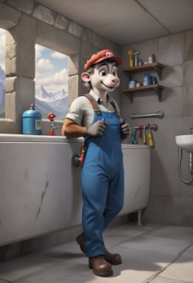 mario,solo,smile,open mouth,blue eyes,shirt,gloves,long sleeves,1boy,hat,animal ears,standing,full body,white shirt,male focus,outdoors,sky,shoes,teeth,day,collared shirt,cloud,indoors,blue sky,brown footwear,red headwear,furry,mountain,overalls,furry male,blue overalls,brown hair,facial hair,realistic,mustache