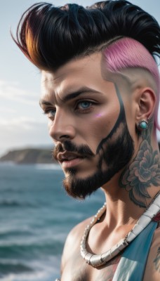 solo,short hair,blue eyes,black hair,1boy,jewelry,upper body,pink hair,male focus,multicolored hair,earrings,outdoors,sky,day,water,necklace,blurry,two-tone hair,lips,tattoo,blurry background,facial hair,ocean,portrait,beard,realistic,nose,mustache,arm tattoo,shoulder tattoo,undercut,pompadour,mohawk,closed mouth,scar,beach,manly