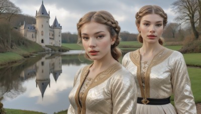 long hair,breasts,looking at viewer,multiple girls,brown hair,dress,2girls,brown eyes,upper body,braid,outdoors,parted lips,sky,day,belt,cloud,water,white dress,tree,lips,siblings,grass,sisters,building,scenery,freckles,reflection,twins,mountain,realistic,river,castle,lake,1girl,mole,cloudy sky,nature,fantasy,red lips,crown braid,fog