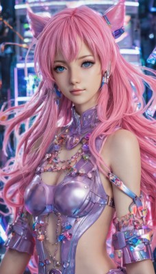 1girl,solo,long hair,breasts,looking at viewer,blue eyes,animal ears,cleavage,bare shoulders,jewelry,medium breasts,upper body,pink hair,earrings,parted lips,necklace,blurry,lips,clothing cutout,gem,realistic,cone hair bun,hair ornament,armor