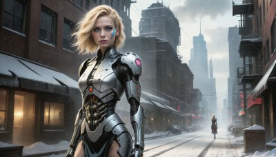 HQ,1girl,breasts,looking at viewer,short hair,blue eyes,blonde hair,1boy,standing,earrings,outdoors,sky,solo focus,day,cloud,armor,lips,coat,makeup,cloudy sky,robot,lipstick,ground vehicle,wind,building,motor vehicle,pelvic curtain,snow,science fiction,snowing,city,sign,realistic,car,road,cable,mechanical arms,cyborg,street,cyberpunk,multiple girls,2girls,weapon,signature,window,glowing,nose,android,cityscape,lamppost