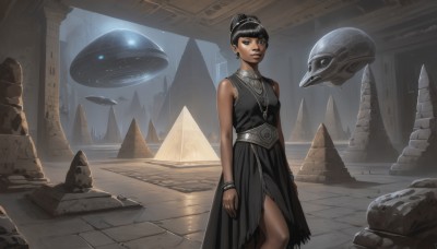 1girl,solo,breasts,looking at viewer,short hair,bangs,black hair,dress,bare shoulders,jewelry,closed mouth,standing,earrings,sleeveless,dark skin,blunt bangs,necklace,hair bun,black eyes,black dress,bracelet,dark-skinned female,lips,makeup,sleeveless dress,single hair bun,scenery,science fiction,fantasy,ruins,spacecraft,small breasts,torn clothes,nose,alien,ufo