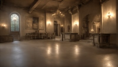 HQ,indoors,water,book,no humans,window,night,chair,table,scenery,reflection,stairs,door,light,lamp,candle,stool,painting (object),ceiling,hallway,candlestand,ceiling light,reflective floor,chandelier,plant,wooden floor,vase,torch,fireplace,wooden chair