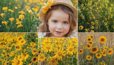 1girl,solo,long hair,looking at viewer,smile,brown hair,hat,brown eyes,closed mouth,flower,outdoors,day,blurry,lips,grey eyes,depth of field,blurry background,portrait,sun hat,realistic,yellow flower,straw hat,sunflower,hat flower,field,flower field,parted lips