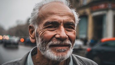 solo,looking at viewer,shirt,1boy,closed mouth,white shirt,white hair,male focus,outdoors,collared shirt,blurry,black eyes,depth of field,blurry background,facial hair,thick eyebrows,ground vehicle,portrait,motor vehicle,beard,realistic,mustache,car,manly,old,old man,wrinkled skin,smile,jacket,grey hair,lips,scar,close-up