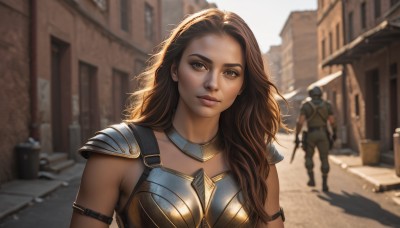 1girl,long hair,looking at viewer,brown hair,1boy,holding,brown eyes,closed mouth,upper body,weapon,outdoors,solo focus,day,holding weapon,armor,blurry,lips,gun,depth of field,blurry background,shoulder armor,building,holding gun,walking,pauldrons,breastplate,city,realistic,nose,soldier,sword,shadow,sunlight,armlet