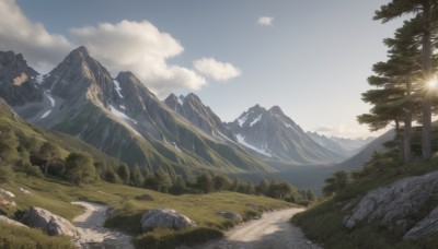 outdoors,sky,day,cloud,water,tree,blue sky,no humans,sunlight,cloudy sky,grass,nature,scenery,forest,rock,mountain,sun,river,landscape,mountainous horizon,cliff,road,bush,path