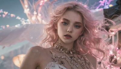 1girl,solo,long hair,looking at viewer,blue eyes,blonde hair,bare shoulders,jewelry,upper body,pink hair,outdoors,parted lips,teeth,necklace,mole,blurry,lips,depth of field,blurry background,wavy hair,ring,portrait,veil,freckles,realistic,mole on cheek,breasts,dress,see-through,grey eyes,makeup,floating hair,gem