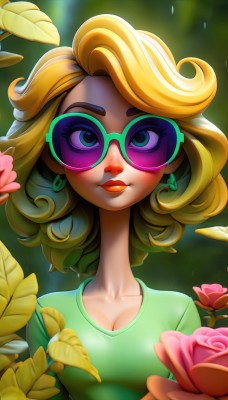 1girl,solo,breasts,looking at viewer,smile,blue eyes,blonde hair,shirt,cleavage,jewelry,medium breasts,closed mouth,collarbone,upper body,flower,earrings,glasses,artist name,medium hair,blurry,lips,eyelashes,makeup,rose,leaf,sunglasses,lipstick,red flower,pink flower,eyeshadow,curly hair,green shirt,red lips,tinted eyewear,pink rose,purple-tinted eyewear,short hair,green eyes