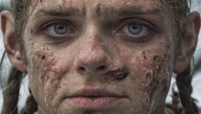 1girl,solo,long hair,looking at viewer,blue eyes,brown hair,closed mouth,braid,blurry,twin braids,lips,wet,grey eyes,portrait,close-up,freckles,realistic,nose,bangs,blonde hair,1boy,male focus,eyelashes,depth of field,blurry background,straight-on,dirty,eye focus