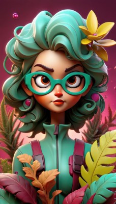 1girl,solo,looking at viewer,short hair,hair ornament,holding,brown eyes,jewelry,closed mouth,upper body,flower,earrings,green hair,glasses,artist name,hair flower,dark skin,dark-skinned female,lips,makeup,leaf,watermark,plant,lipstick,zipper,freckles,curly hair,jumpsuit