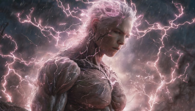 solo, 1boy, upper body, white hair, male focus, muscular, rain, realistic, electricity, cyborg, lightning