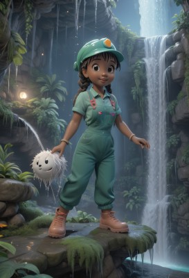 1girl,solo,long hair,breasts,looking at viewer,smile,brown hair,shirt,black hair,hat,holding,twintails,brown eyes,jewelry,closed mouth,standing,full body,braid,short sleeves,small breasts,boots,outdoors,collared shirt,pants,artist name,signature,dark skin,water,twin braids,bracelet,dark-skinned female,tree,lips,wet,leaf,watermark,brown footwear,plant,child,web address,pocket,rock,green headwear,green shirt,female child,overalls,waterfall,cave,shoes,black eyes,night