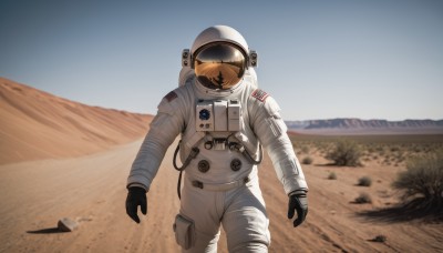 1girl,solo,gloves,standing,cowboy shot,outdoors,sky,day,black gloves,helmet,scenery,1other,science fiction,mountain,realistic,ambiguous gender,american flag,spacesuit,desert,space helmet,astronaut,blurry,blurry background,sand,planet,japanese flag