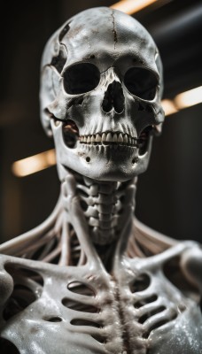 solo,looking at viewer,1boy,male focus,teeth,shiny,blurry,no humans,portrait,skull,realistic,ribs,skeleton,bone,horror (theme),upper body,artist name,blood,halo