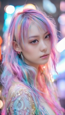 1girl,solo,long hair,looking at viewer,bangs,brown eyes,jewelry,closed mouth,blue hair,upper body,pink hair,purple hair,multicolored hair,earrings,blurry,black eyes,from side,two-tone hair,lips,tattoo,makeup,depth of field,blurry background,portrait,realistic,nose,bokeh,artist name,streaked hair,eyelashes,watermark,expressionless