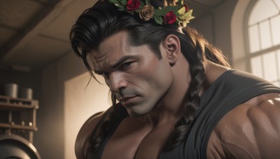 solo,long hair,looking at viewer,black hair,hair ornament,1boy,bare shoulders,closed mouth,upper body,braid,flower,male focus,sleeveless,indoors,hair flower,dark skin,blurry,black eyes,twin braids,window,sleeveless shirt,muscular,blurry background,rose,facial hair,dark-skinned male,muscular male,red flower,portrait,red rose,realistic,nose,manly,scar,sunlight,pectorals,scar on face,close-up,scar across eye,head wreath