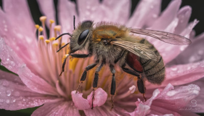 flower, signature, blurry, no humans, animal, bug, pink flower, realistic, antennae, animal focus, oversized animal