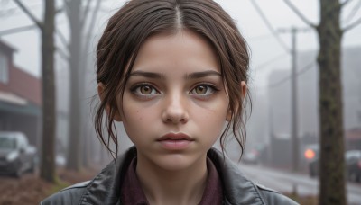 1girl,solo,looking at viewer,short hair,brown hair,shirt,brown eyes,jacket,outdoors,parted lips,day,collared shirt,blurry,tree,lips,depth of field,blurry background,ground vehicle,building,portrait,motor vehicle,forehead,freckles,realistic,car,road,bangs,messy hair,close-up,nose,power lines