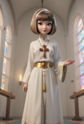 1girl,solo,looking at viewer,smile,short hair,bangs,brown hair,long sleeves,dress,brown eyes,jewelry,closed mouth,standing,hairband,indoors,wide sleeves,blunt bangs,necklace,white dress,lips,makeup,feet out of frame,bob cut,gold trim,robe,white hairband,red lips,candle,stained glass,church,breasts,belt,cross,long dress