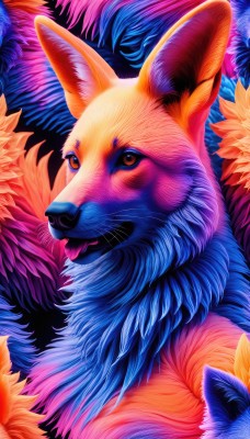 solo,looking at viewer,brown eyes,upper body,tongue,signature,tongue out,orange eyes,no humans,animal,portrait,realistic,animal focus,fox,colorful,fluffy,orange fur,closed mouth,pokemon (creature),leaf,looking away,dog