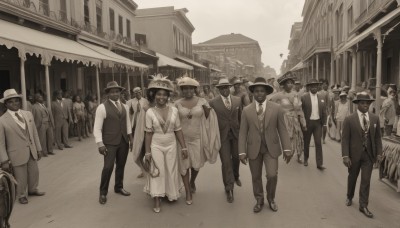 1girl,looking at viewer,smile,short hair,multiple girls,shirt,long sleeves,hat,dress,bow,holding,jewelry,standing,jacket,monochrome,short sleeves,greyscale,outdoors,multiple boys,necktie,shoes,glasses,day,collared shirt,pants,dark skin,bowtie,necklace,bag,white dress,vest,buttons,facial hair,formal,sandals,suit,ground vehicle,building,walking,6+boys,sun hat,city,long dress,arms at sides,straw hat,car,road,holding bag,old,sepia,street,bicycle,crowd,gloves,mask,sunglasses,spot color,fedora