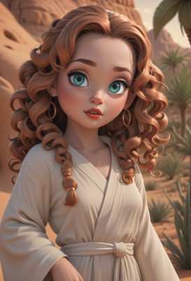 1girl,solo,long hair,looking at viewer,blue eyes,brown hair,long sleeves,jewelry,upper body,earrings,outdoors,parted lips,day,artist name,wide sleeves,blurry,aqua eyes,lips,eyelashes,blurry background,thick eyebrows,plant,forehead,freckles,curly hair,robe,white robe,desert,breasts,collarbone,braid,small breasts,teeth,tree