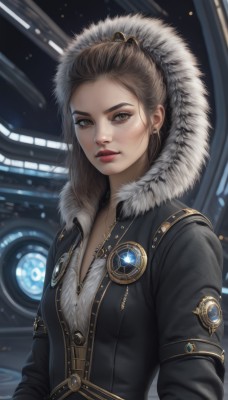 1girl,solo,long hair,breasts,looking at viewer,brown hair,long sleeves,brown eyes,jewelry,closed mouth,jacket,upper body,earrings,small breasts,belt,artist name,hood,necklace,lips,coat,black jacket,fur trim,eyelashes,makeup,pendant,freckles,realistic,nose,red lips,eyeliner,hair pulled back,parka,cleavage,medium breasts,hooded jacket,hood up