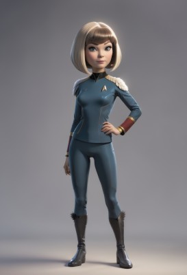 1girl,solo,breasts,looking at viewer,smile,short hair,bangs,blue eyes,blonde hair,brown hair,brown eyes,standing,full body,small breasts,boots,pants,grey background,uniform,lips,hand on hip,fur trim,military,bodysuit,military uniform,makeup,bob cut,knee boots,contrapposto