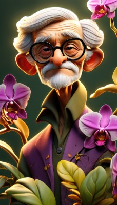 solo,looking at viewer,simple background,shirt,1boy,brown eyes,jacket,upper body,flower,white hair,male focus,glasses,collared shirt,vest,black shirt,gradient background,buttons,facial hair,leaf,thick eyebrows,bug,plant,beard,green background,black-framed eyewear,round eyewear,mustache,purple shirt,old,old man,wrinkled skin,closed mouth,black eyes,pink flower,purple flower,purple jacket