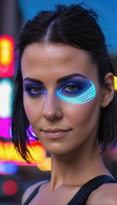 1girl,solo,looking at viewer,smile,short hair,black hair,brown eyes,closed mouth,blurry,dark-skinned female,lips,makeup,blurry background,tank top,portrait,eyeshadow,science fiction,realistic,nose,eyeliner,mascara,cyberpunk,upper body,eyelashes,depth of field,close-up,neon lights