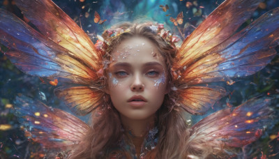 1girl, solo, long hair, looking at viewer, blue eyes, blonde hair, hair ornament, parted lips, wings, artist name, blurry, lips, depth of field, blurry background, bug, butterfly, portrait, realistic, nose, butterfly wings